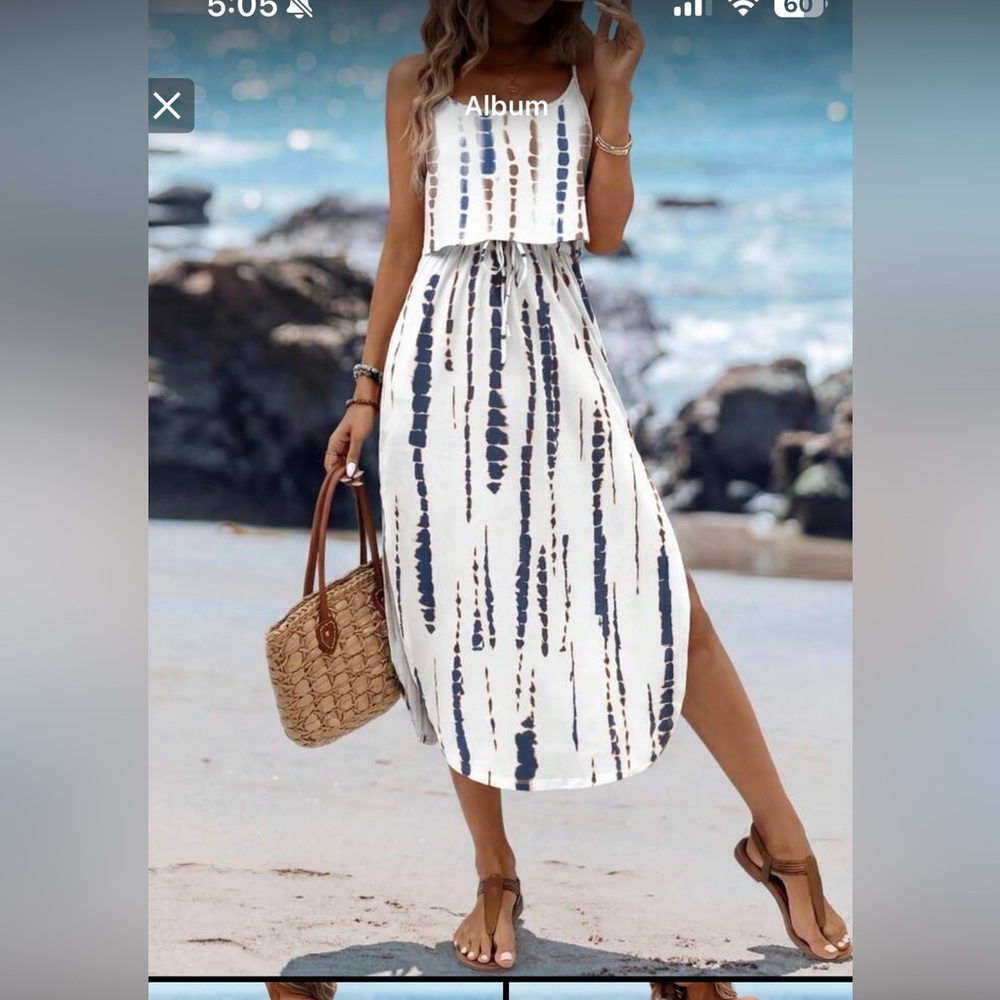 SHEIN White Midi Dress with Navy Tie-Stripe Print